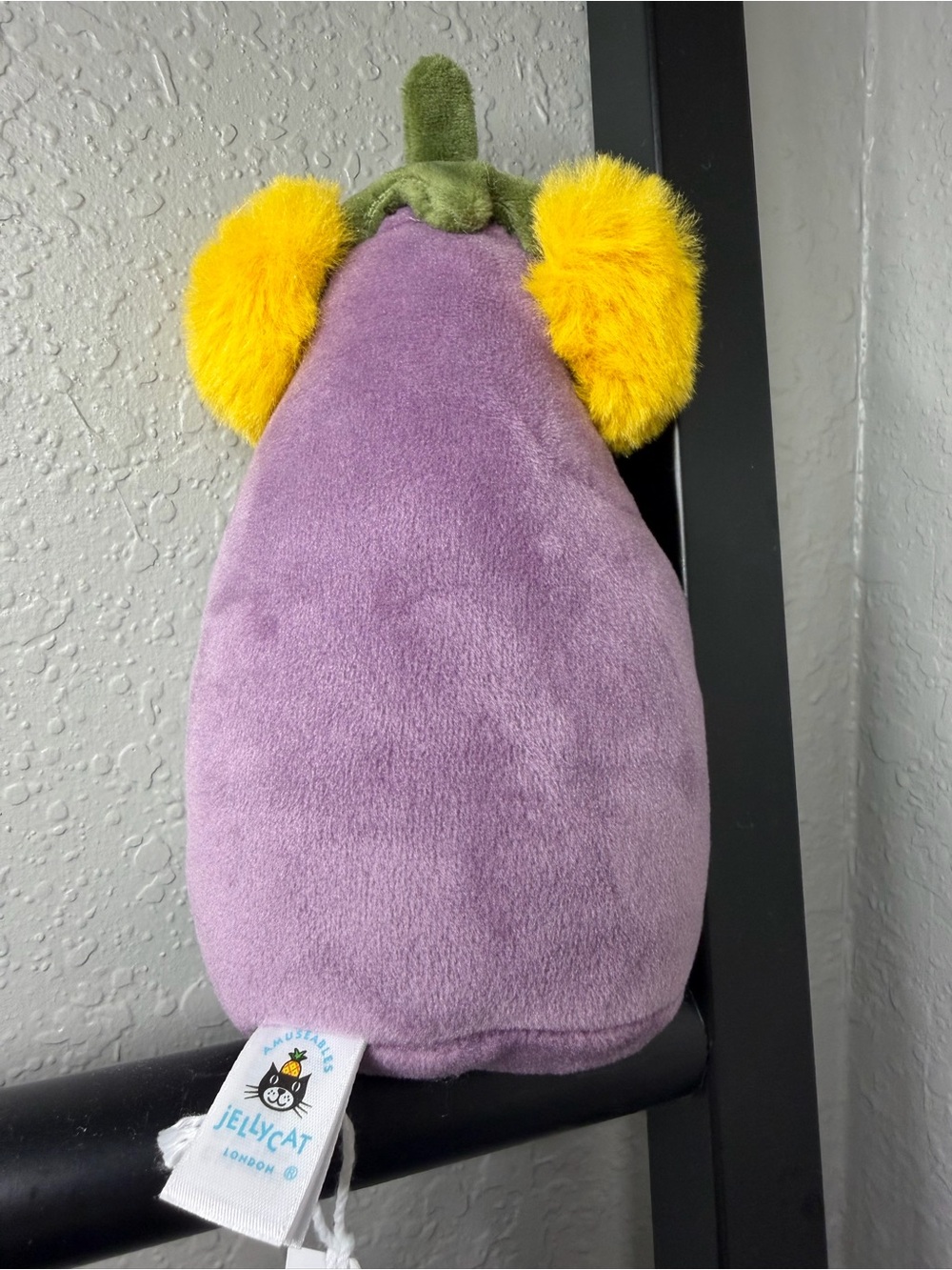 Collectible Jellycat Purple Eggplant Plush with Yellow Pom Earmuffs NWT - Picture 3 of 9